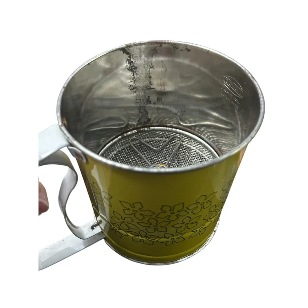 Vintage Androck 3-Screen Flour Sifter Retro Avocado Green Floral Daisy 1970s